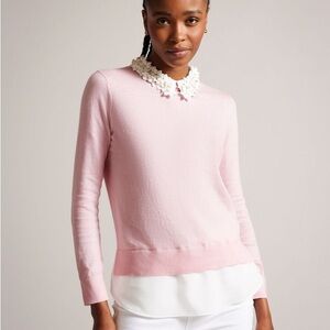 Ted Baker Pink Sweater With Embellished White Flower Collar